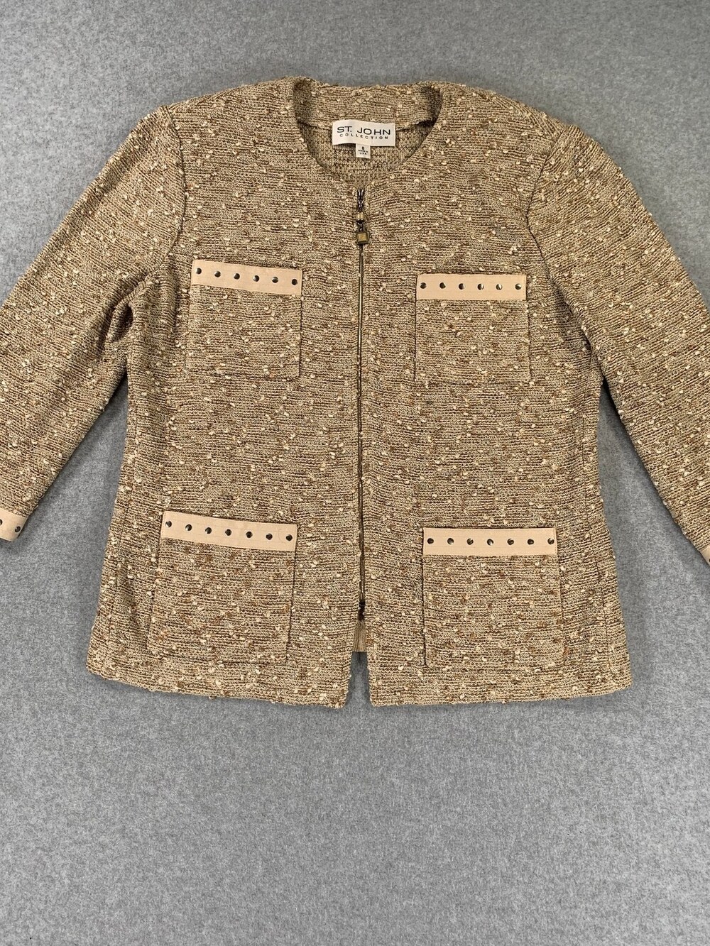 St. John Collection Blazer Jacket Gold Tan Boucle Knit Leather Trim Zip Size 8